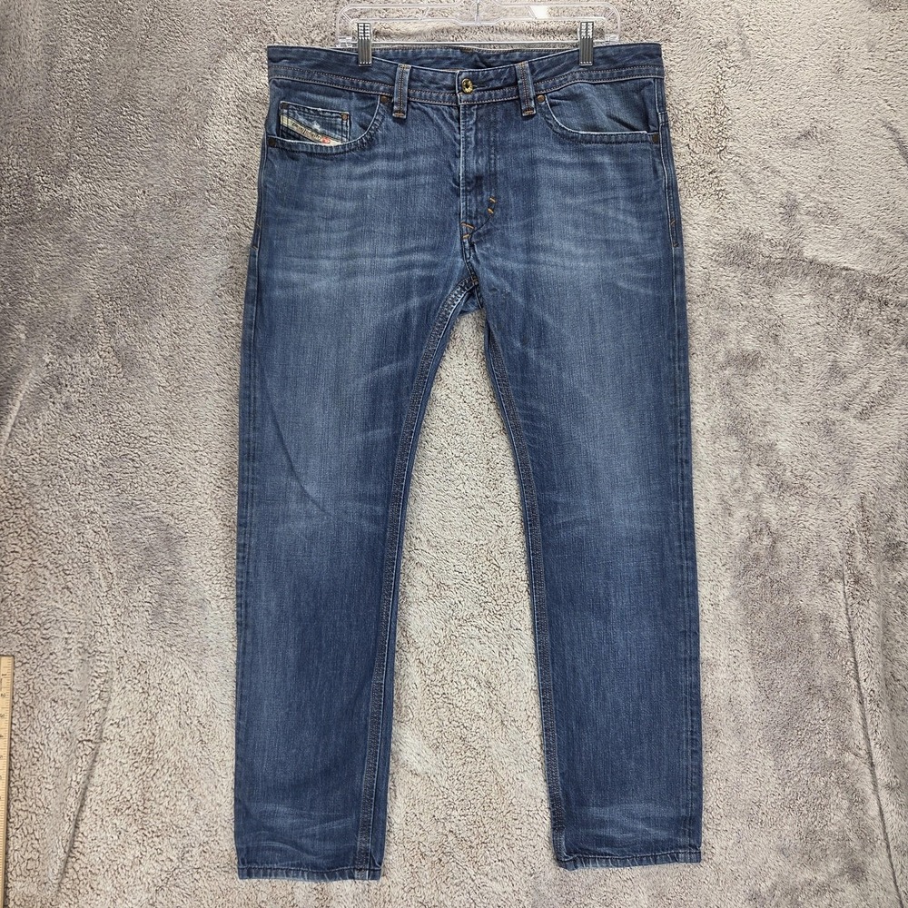 Diesel Jeans Mens 34x32 Blue Thavar Slim Skinny Zip Fly Medium Wash 0842N